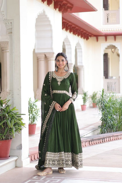 Green Color Heavy Embroidered Ethnic Beautiful Gown With Dupatta