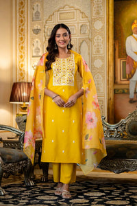 Yellow Color Viscose Rayon Fabric Ceremonial Readymade Kurta Set with Dupatta