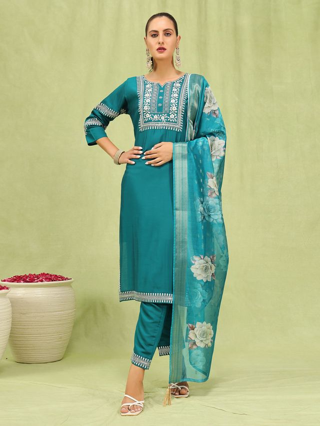 Rama Color Viscose Roman Silk Fabric Designer Embroidery Work Sophisticated Girlie Salwar Kameez