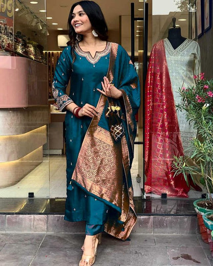 Teal Color Designer Embroidered Ethnic Partywear Suit