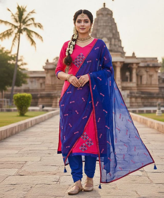 Pink Color Cotton Slub Fabric Designer Casual Suit With Embroidery