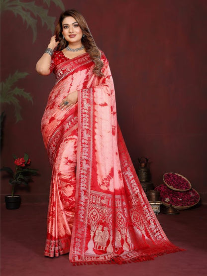 Red Color Satin Silk Fabric Saree For Ethnic Indian Looks