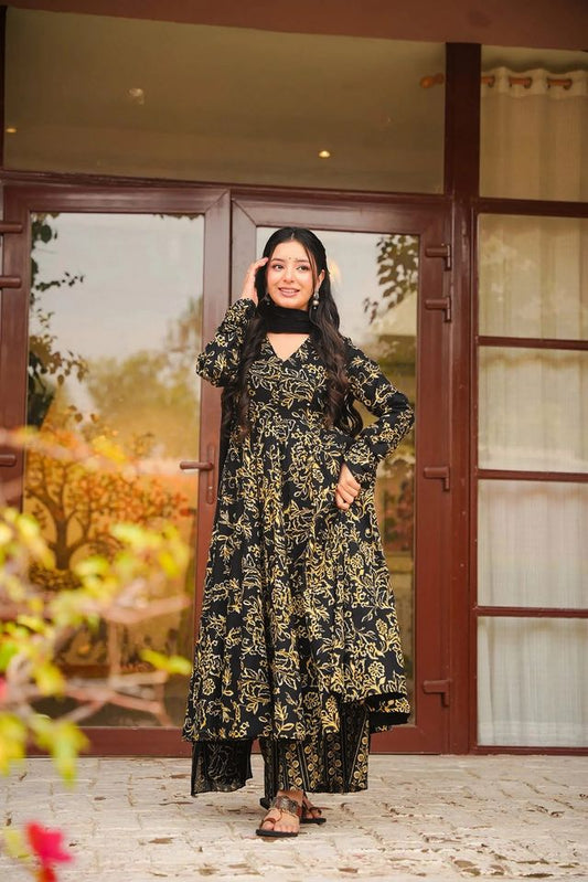 Black Color Muslin Fabric Designer Printed Readymade Ceremonial Palazzo Dress