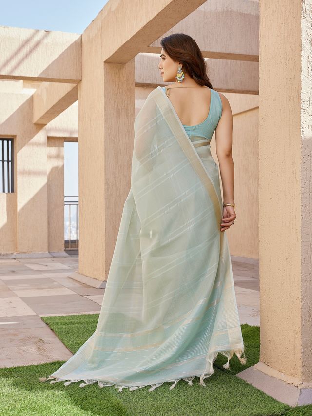 Pista Color Tissue Linen Silk Fabric Weaving Jari Lining Designer Saree