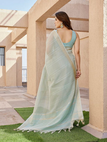 Pista Color Tissue Linen Silk Fabric Weaving Jari Lining Designer Saree