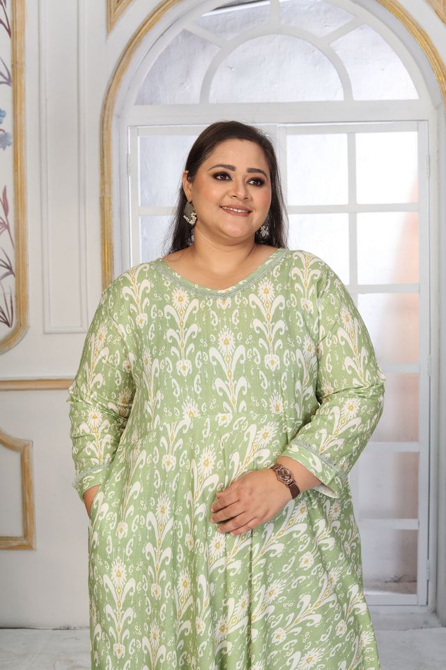 Green Color Rayon Fabric Designer Printed Plus Size Kurta For Girls