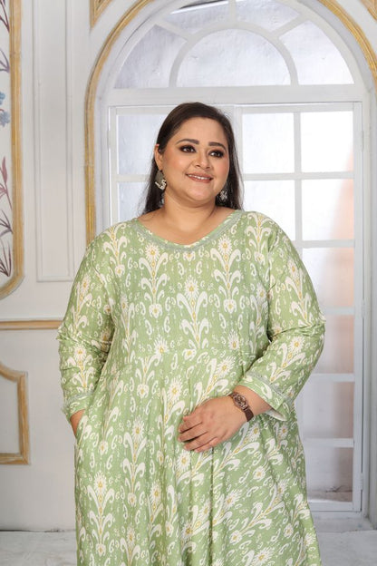 Green Color Rayon Fabric Designer Printed Plus Size Kurta For Girls