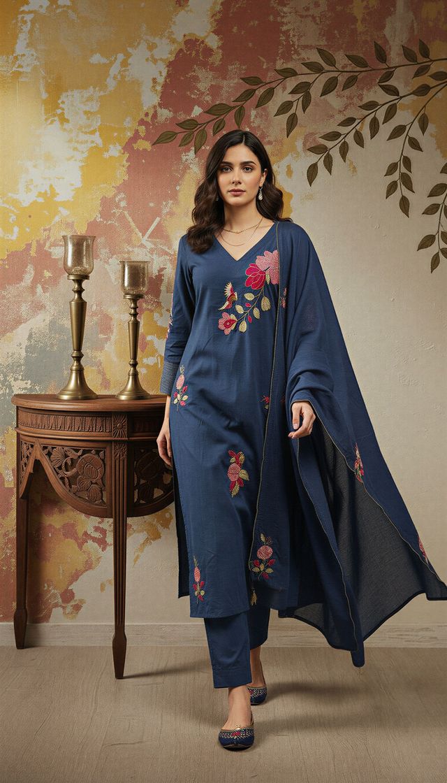 Blue Color Chanderi Fabric Designer Embroidered Readymade Suit
