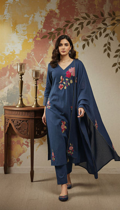 Blue Color Chanderi Fabric Designer Embroidered Readymade Suit