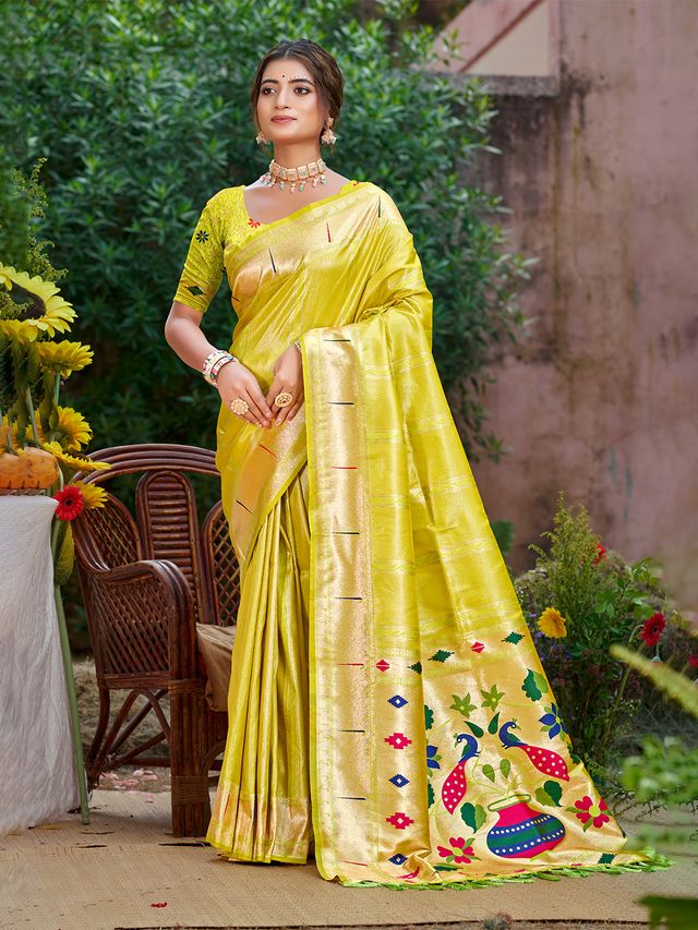 Woven Meenakari Designer Lemon Yellow Color Ethnic Partywear Saree