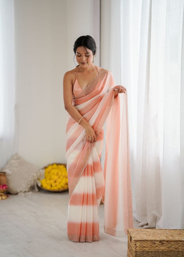 Peach Color Beautiful Fendy Satin Fabric Saree With Glamorous Zarkan Diamond Work
