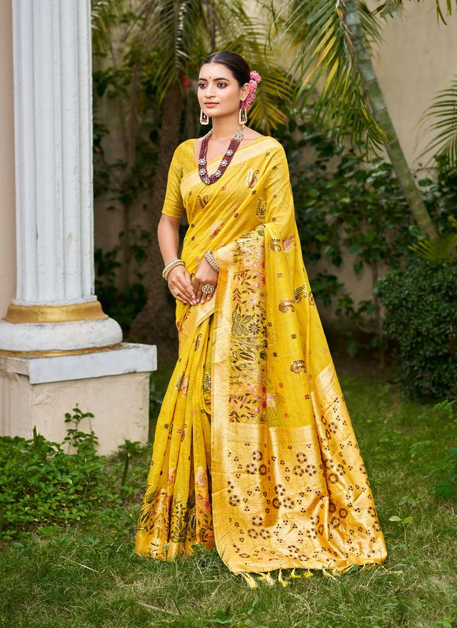 Yellow Color Cotton Silk Fabric Woven Meenakari Designer Saree