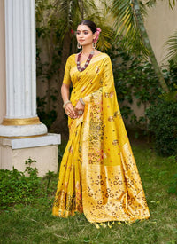 Yellow Color Cotton Silk Fabric Woven Meenakari Designer Saree