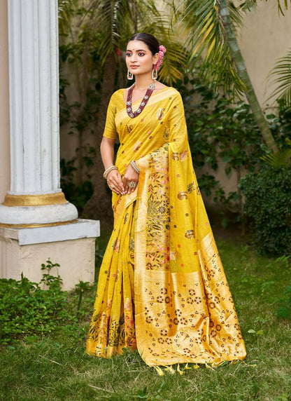 Yellow Color Cotton Silk Fabric Woven Meenakari Designer Saree
