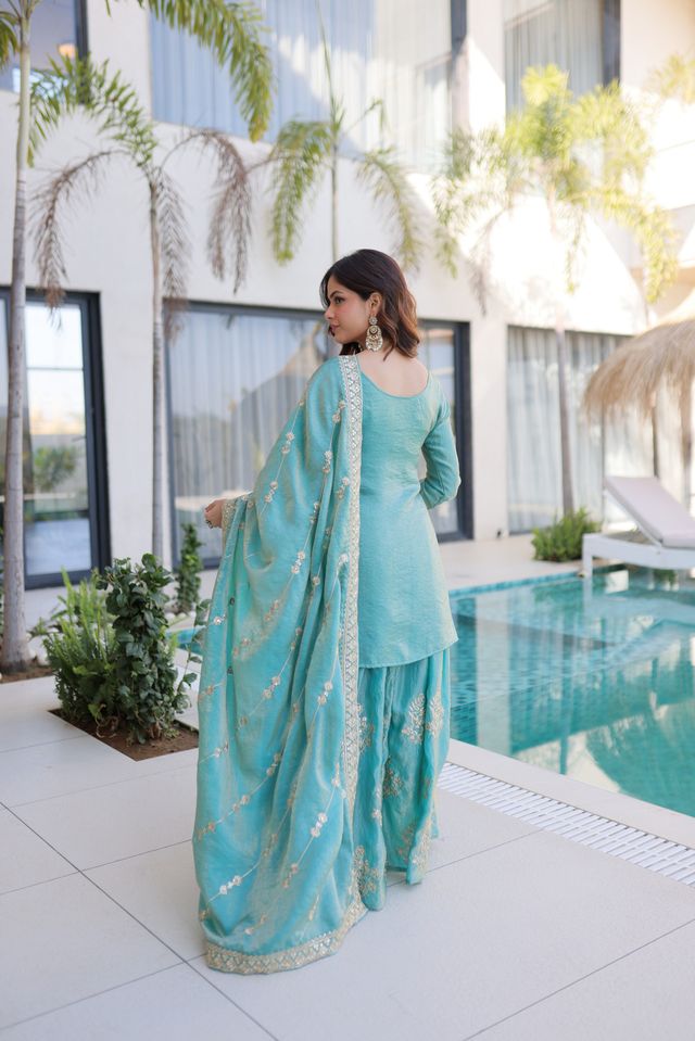 Sea Green Color Fendy Crush Fabric Classy Sequins Embroidered Partywear Readymade Suit With Dupatta