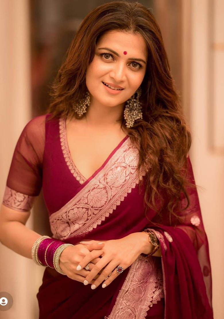 Maroon Weaving Silk Saree Set (PRE STITCHED AVAILABLE)