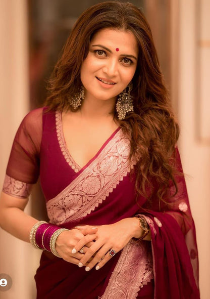 Maroon Weaving Silk Saree Set (PRE STITCHED AVAILABLE)