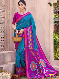 Sea Green Color Pochampalli Silk Fabric Designer Woven Ethnic Ceremonial Saree