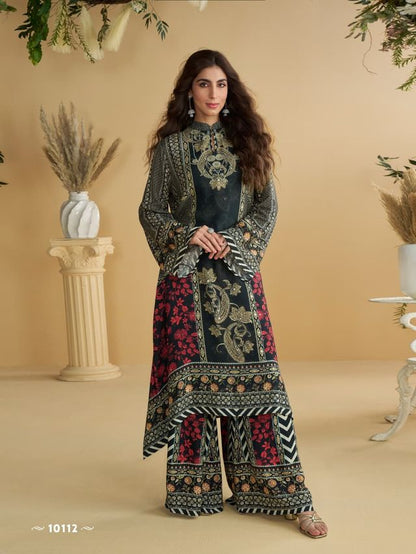 Black Heavy Crepe Digital Print Full Stitched Free Size Upto 44 Palazzo Suits