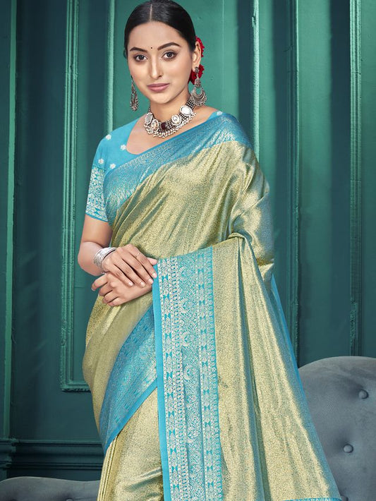 Pista Color Traditional Kanjivaram Silk Saree With Beautiful Woven Designer