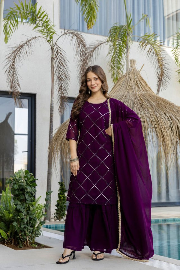 Wine Faux Georgette Fabric Beautiful Graceful Ceremonial Kurta Set