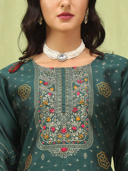 Green Color Silk Blend Fabric Designer Embroidered Suit