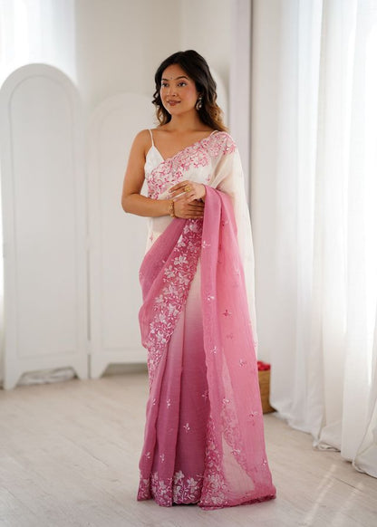Pink Color Crunchy Fabric Beautiful Sequins Work Bollywood Style Ceremonial Saree