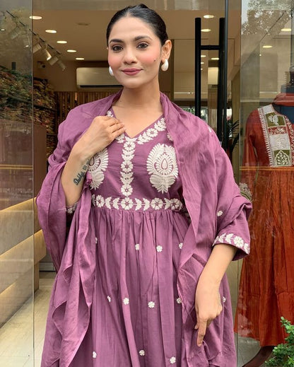 PurpleColor P V Chanderi Fabric Designer Embroiderd Stitched Suit