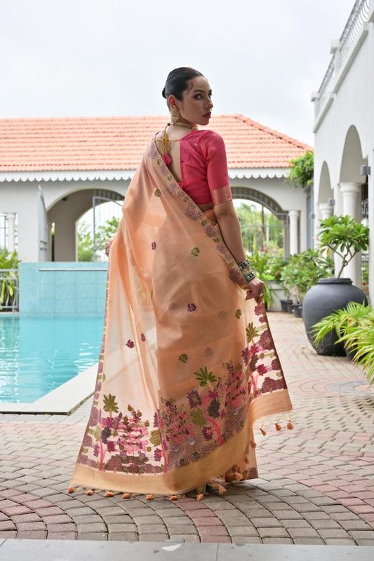 Peach Color Chanderi Cotton Fabric Weaving Reshan Flower Designer Ethnic Saree