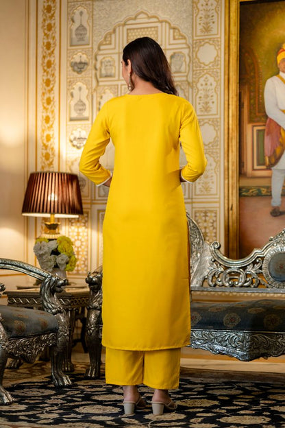Yellow Color Viscose Rayon Fabric Ceremonial Readymade Kurta Set with Dupatta