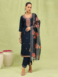 Blue Color Viscose Roman Silk Fabric Designer Embroidery Work Sophisticated Girlie Salwar Kameez