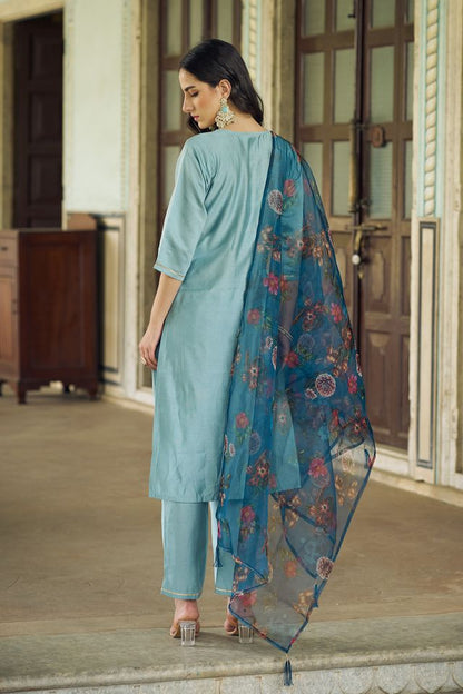 Sky Blue Color Viscose Rayon Fabric Beautiful Embroidered Kurta Set With Dupatta