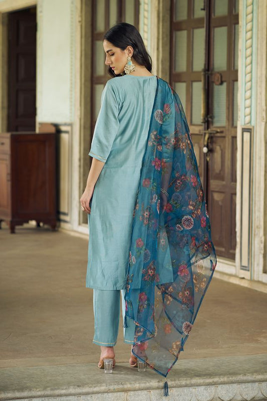 Sky Blue Color Viscose Rayon Fabric Beautiful Embroidered Kurta Set With Dupatta