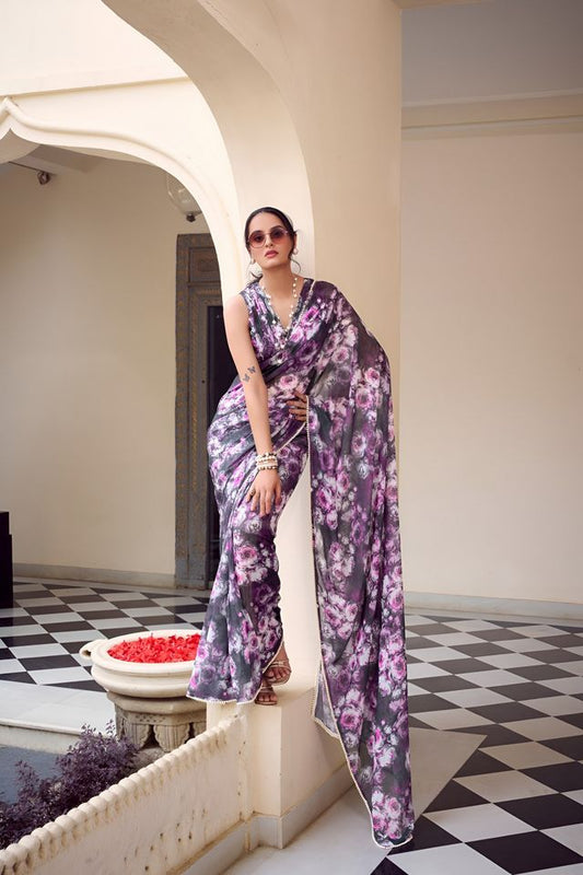 Purple Color Georgette Fabric Beautiful Floral Printed Saree