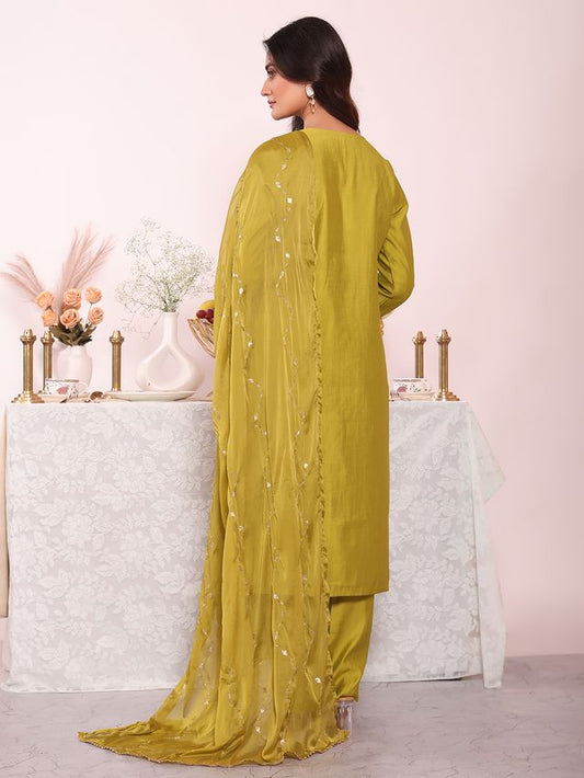 Green Color Poly Silk Fabric Smart Ethnic Partywear Kurta Set