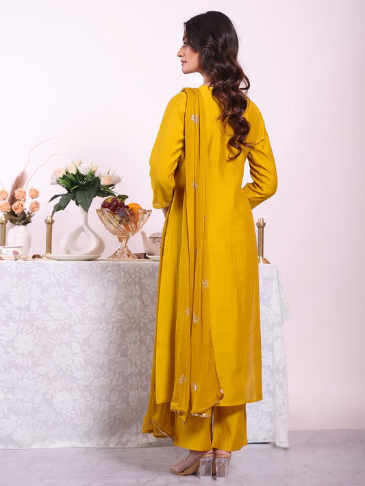 Mustard Color Poly Silk Fabric Smart Ethnic Partywear Kurta Set