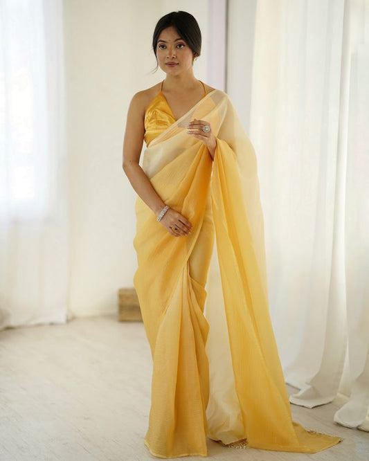 Designer Yellow Color Candy Crush Silk Fabric Stylish Pre Stitched Saree
