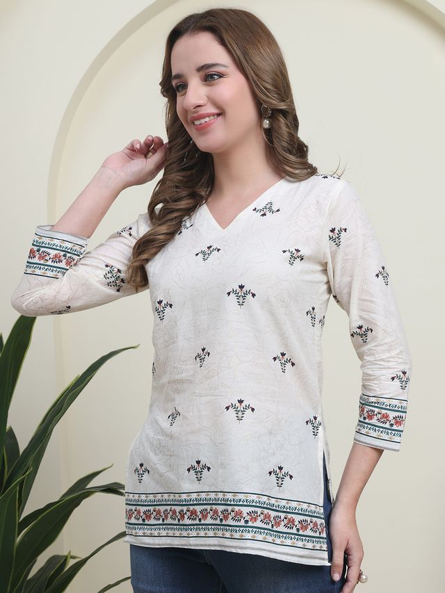 Green Color Cambric Cotton Fabric Designer Printed Formal Short Kurta