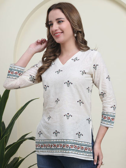 Green Color Cambric Cotton Fabric Designer Printed Formal Short Kurta