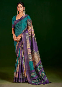 Teal Color Gathan Silk Fabric Designer Digital Printed Partywear Saree