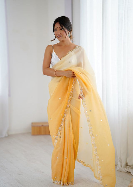 Mustard Color Chiffon Crush Fabric Beautiful Sophisticated Work Ceremonial Saree