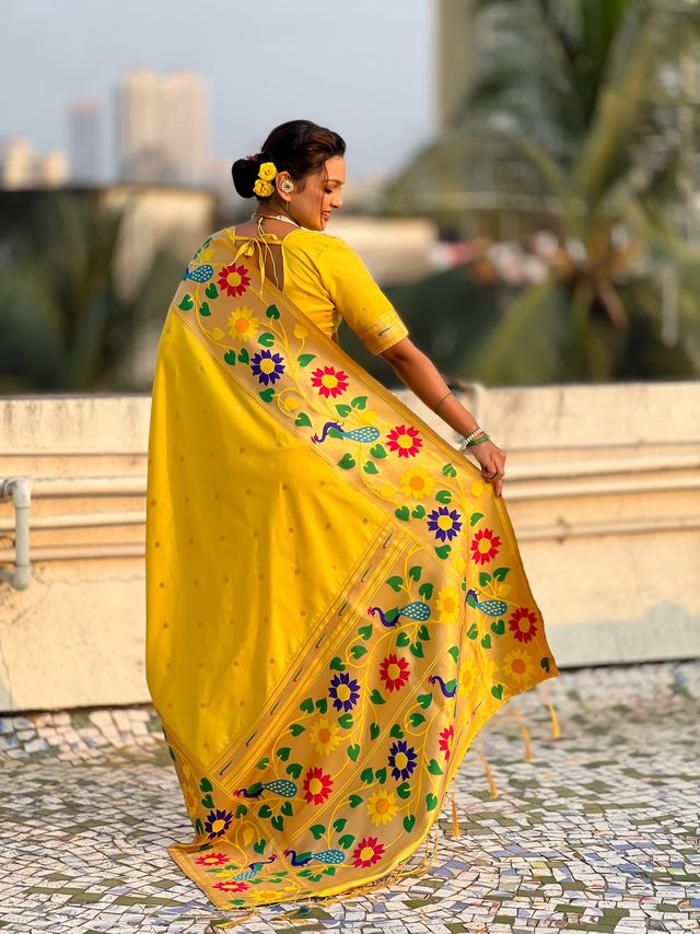 Yellow Color Paithani Silk Fabric Woven Designer Partywear Saree