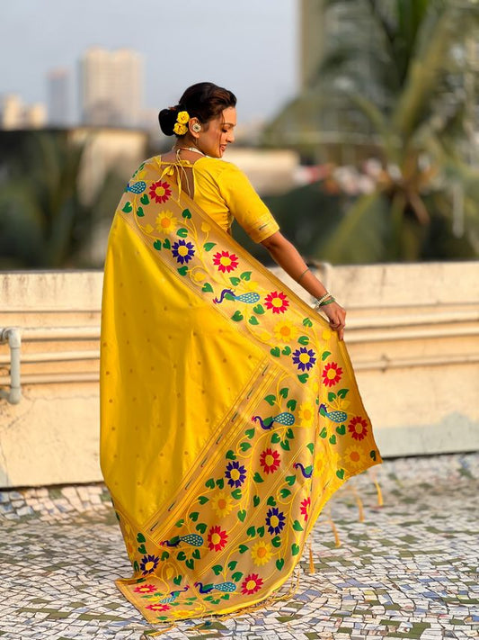 Yellow Color Paithani Silk Fabric Woven Designer Partywear Saree