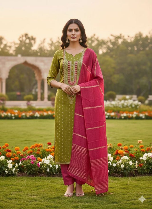 Mahendi Color Beautiful Shimmer Jacquard Fabric Designer Ethnic Salwar Kameez