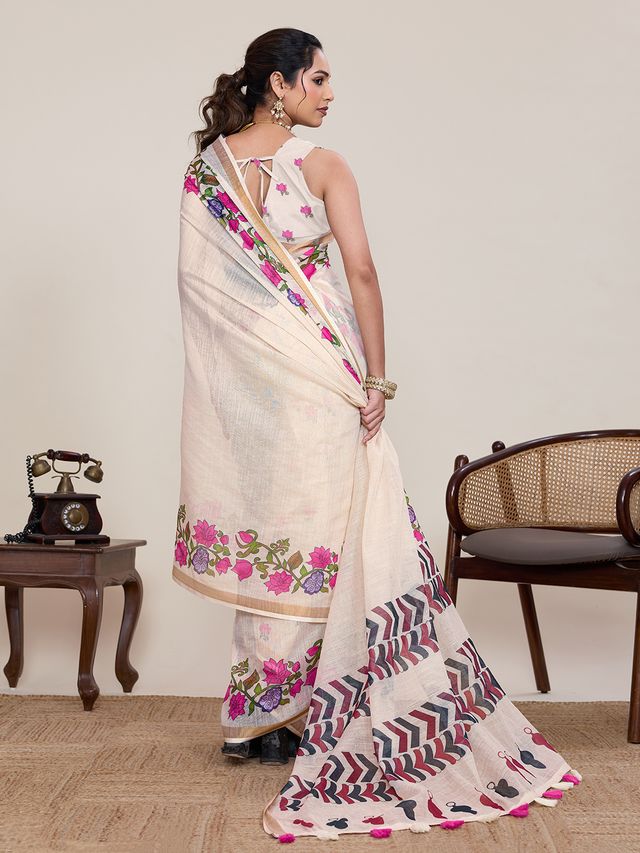 Off White Color Linen Silk Fabric Beautiful Partywear Saree