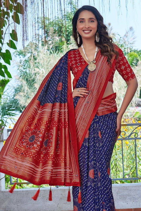 Blue Color Velvet Tussar Silk Fabric Tradtional Woven Saree With Bandhej Print
