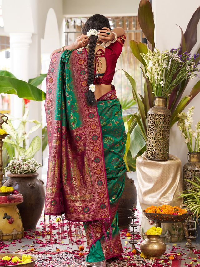 Green Color Beautiful Girlie Woven Designer Partywear Saree