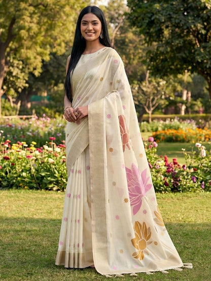 White Color Linen Cotton Fabric Woven Designer Partywear Saree