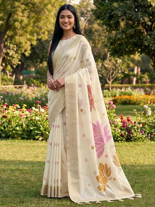 White Color Linen Cotton Fabric Woven Designer Partywear Saree