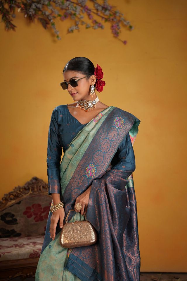 Teal Color Beautiful Art Silk Fabric Woven Jacquard Designer Saree